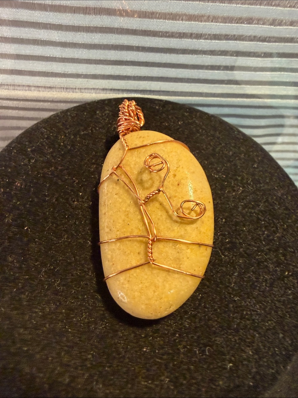 Source Unknown Beige Stone Pendant with Copper Wire Wrap